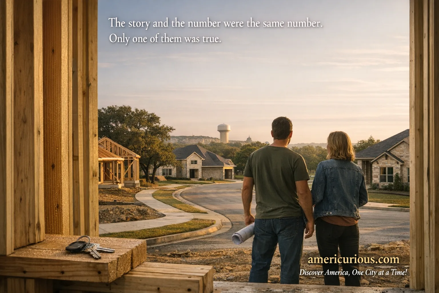 A couple stands at the open threshold of a framed new construction home on a curving residential street in Wolf Ranch, Georgetown, Texas, looking outward toward live oaks and neighboring homes in various stages of completion in the soft light of early morning.