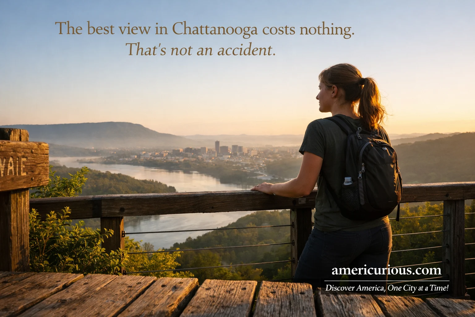 A woman stands at the timber-and-steel railing of Stringer's Ridge overlook in North Chattanooga, Tennessee, looking out over the Tennessee River bend and the downtown skyline in early morning light. Chattanooga scenic overlook Stringer's Ridge trail, Tennessee.