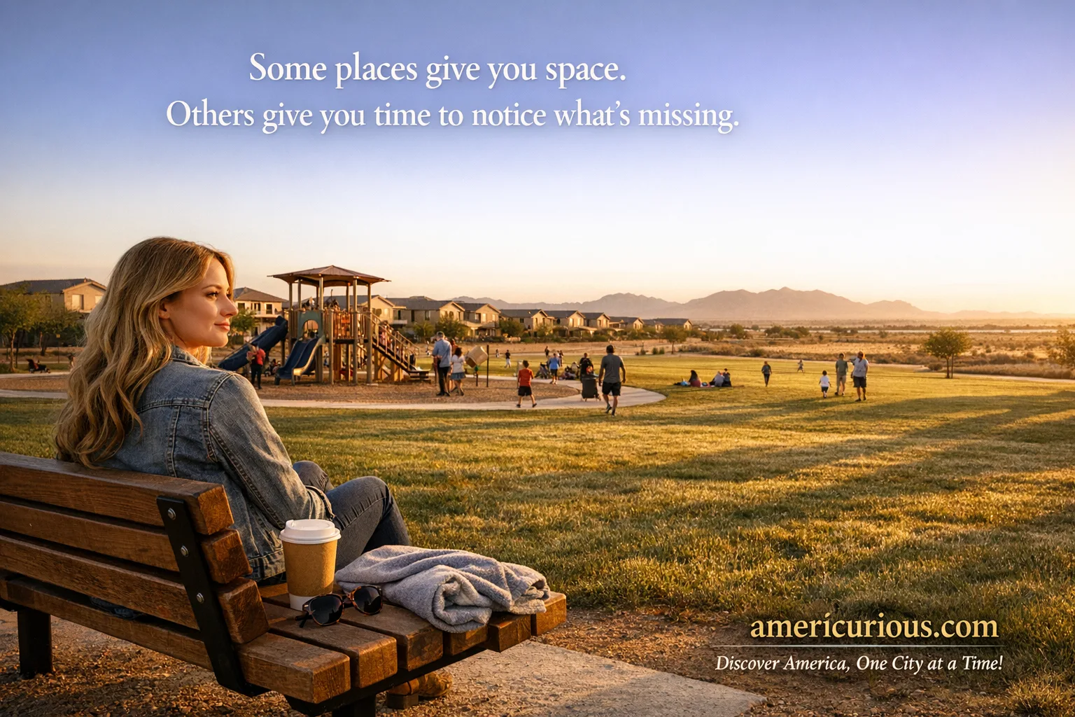 Families relaxing at Frontier Family Park with new suburban homes in the distance, Queen Creek Arizona suburbs