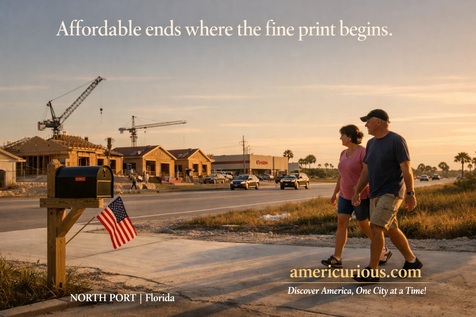 New homes under construction along Sumter Boulevard with cranes and a suburban skyline in North Port, Florida — americurious.com, Discover America, One City at a Time!