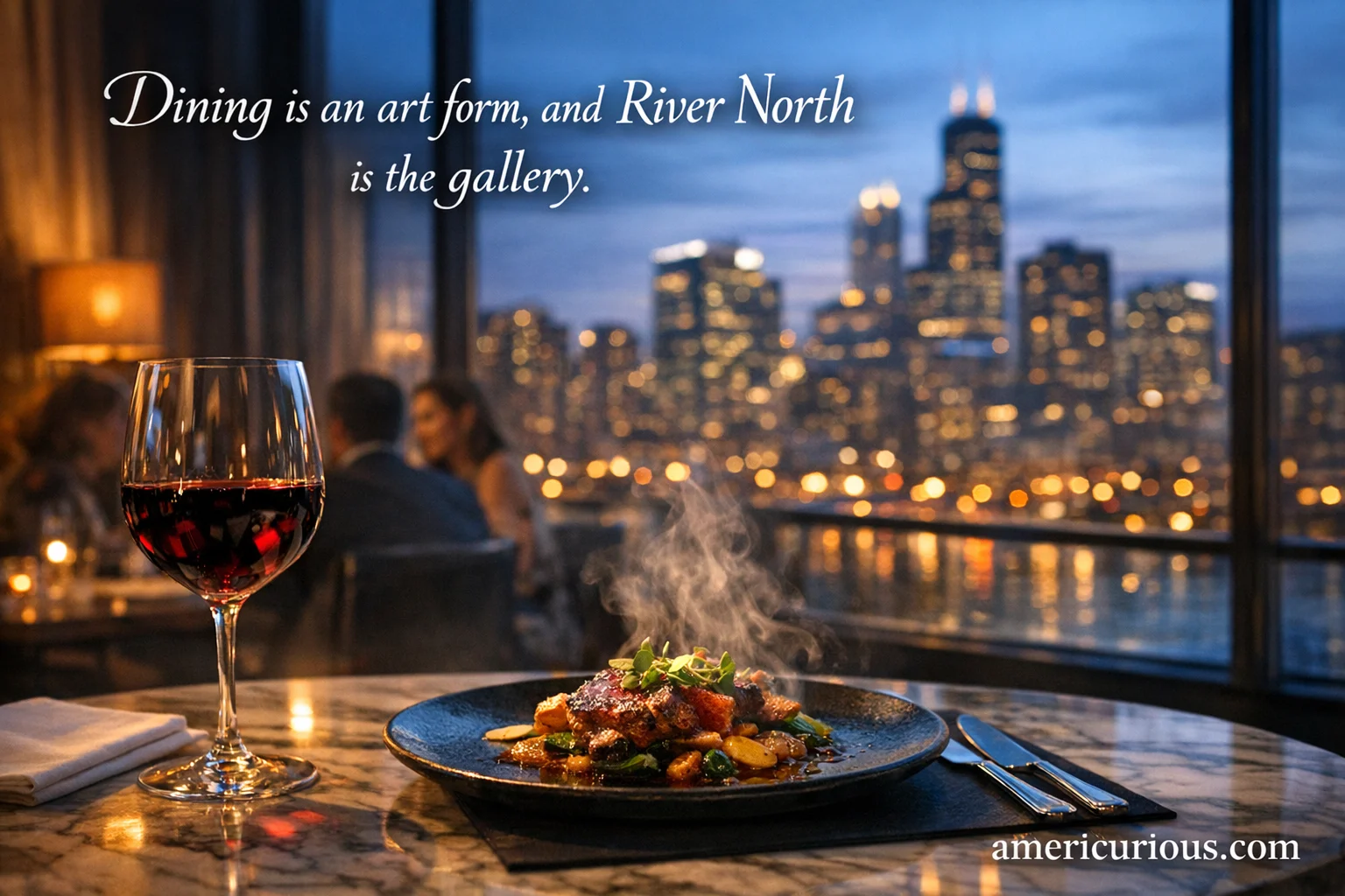 A luxury River North Chicago restaurant interior overlooking the city skyline at night, 8K ultra-realistic photography for americurious.com best restaurants guide