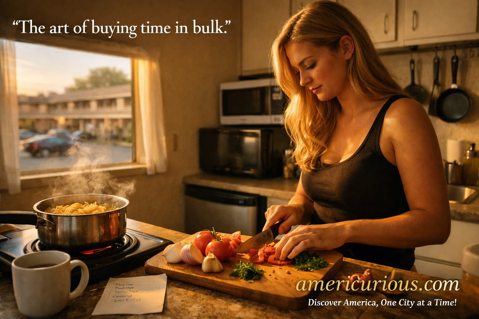 A solo traveler cooks dinner in an extended-stay motel kitchenette in Chattanooga during golden hour, warm light streaming through the window. Extended-stay motel kitchenette Chattanooga Tennessee slow travel budget accommodation