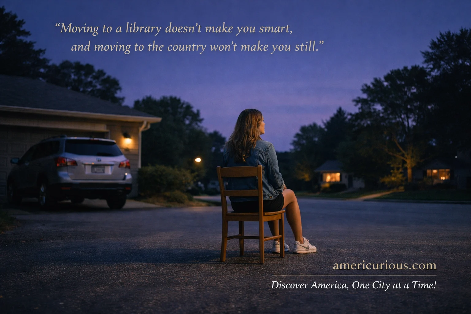 A woman sits on a kitchen chair in a suburban driveway at twilight, observing the quiet neighborhood. [Suburban slow living]