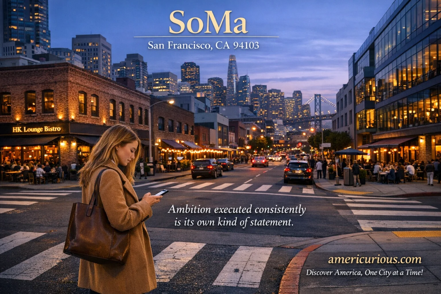 Aerial drone view of SoMa San Francisco dining district at twilight showing restaurants including Michelin-starred Californios and Birdsong, with pedestrian checking reservations on Folsom Street near HK Lounge Bistro - americurious.com verified restaurant guide
