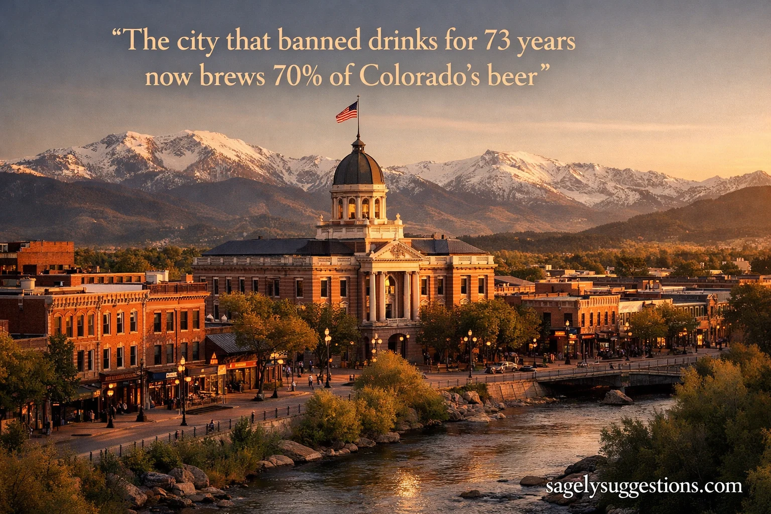 Aerial golden hour view of historic Old Town Fort Collins Colorado showing Victorian Larimer County Courthouse and Cache la Poudre River with Rocky Mountains backdrop. Untold Fort Collins history