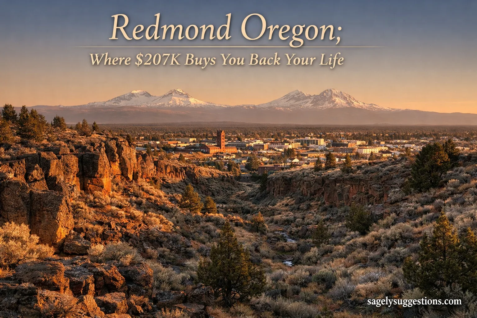 Aerial view of Redmond Oregon high desert landscape with Dry Canyon basalt formations, downtown skyline, and Cascade Mountains at golden hour - moving to Redmond Oregon guide by sagelysuggetions.com