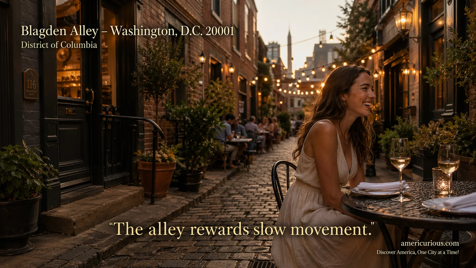 Golden hour at Blagden Alley Shaw DC restaurants featuring cobblestone dining scene with Michelin-starred restaurants The Dabney and Causa in Washington DC U Street Corridor - americurious.com verified dining guide