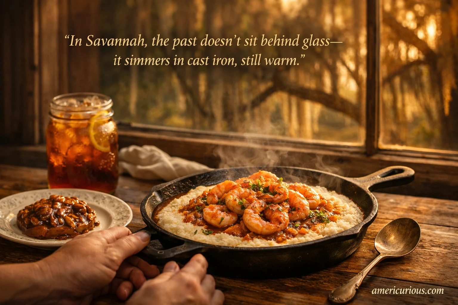 Cast-iron skillet of authentic Savannah shrimp and grits with Gulf shrimp and stone-ground grits on rustic wooden table, representing Gullah Geechee Lowcountry cuisine heritage at americurious.com