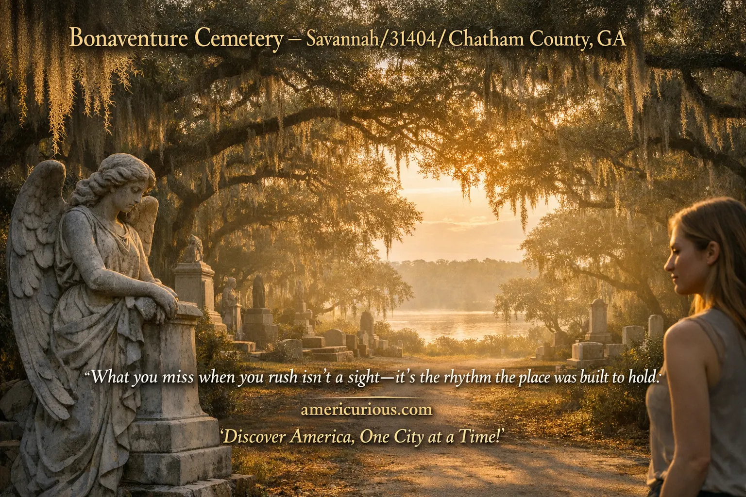 Dawn light filters through Spanish moss-draped live oaks at Bonaventure Cemetery in Savannah GA, with historic monuments along a quiet road. Bonaventure Cemetery Savannah GA.