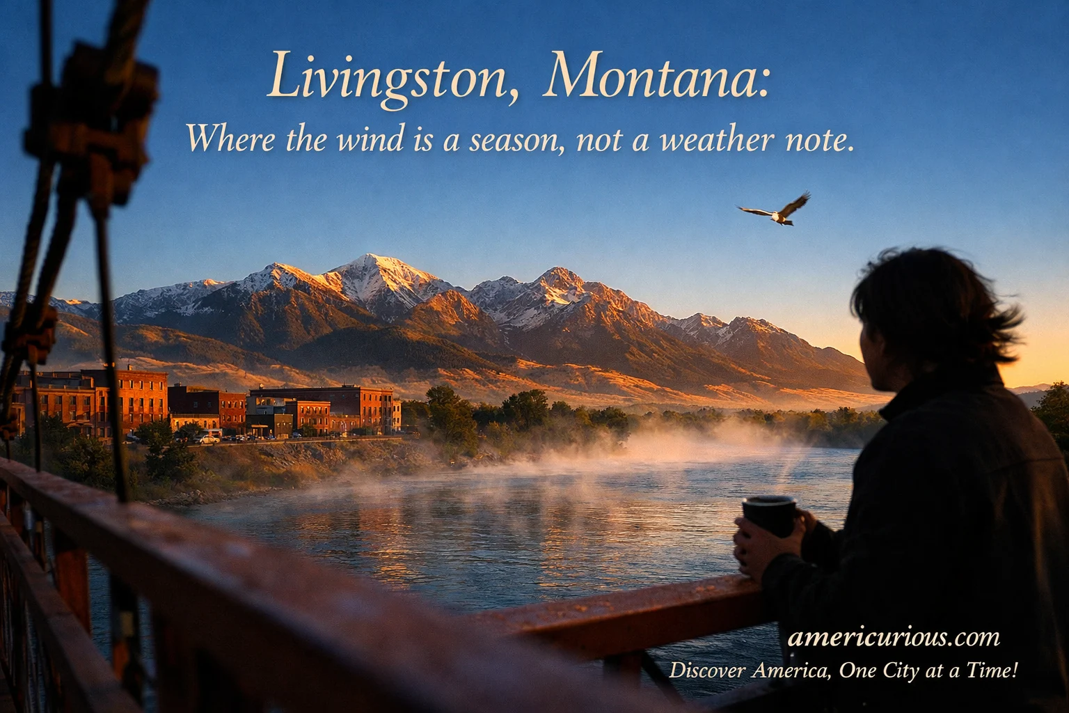 Dawn mist rises from Yellowstone River at Clark Street Bridge in Livingston MT with Absaroka Range mountains at golden hour - honest relocation guide at americurious.com for moving to Livingston Montana small town living