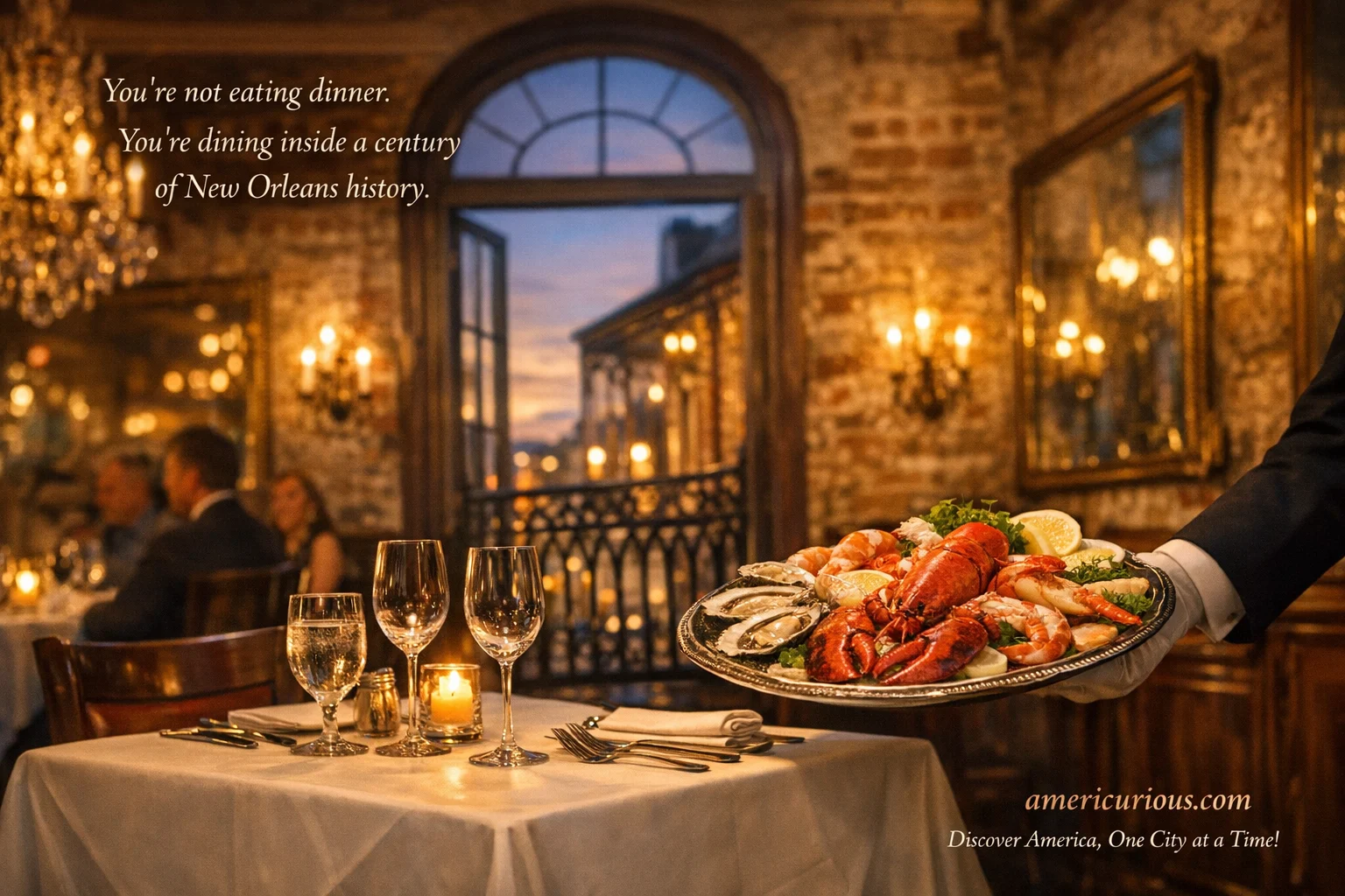 Elegant French Quarter restaurant dining room in New Orleans featuring candlelit table setting with fresh Gulf seafood, crystal chandeliers, and wrought-iron balcony — best restaurants French Quarter New Orleans guide at americurious.com