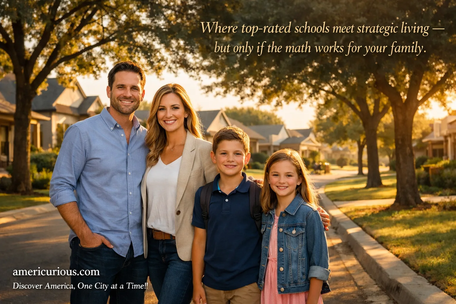 amily standing on manicured suburban street in Edmond Oklahoma during golden hour, showcasing top-rated Edmond Public Schools district and safe neighborhoods for relocation — americurious.com relocation guide