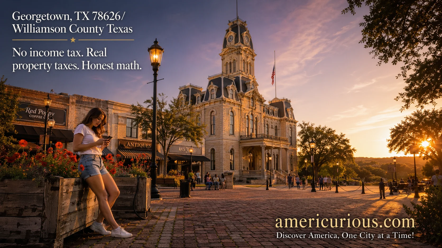 Georgetown Texas historic downtown square at golden hour showing Victorian courthouse and red poppies, illustrating Georgetown TX cost of living 2026 guide with property tax and housing data at americurious.com