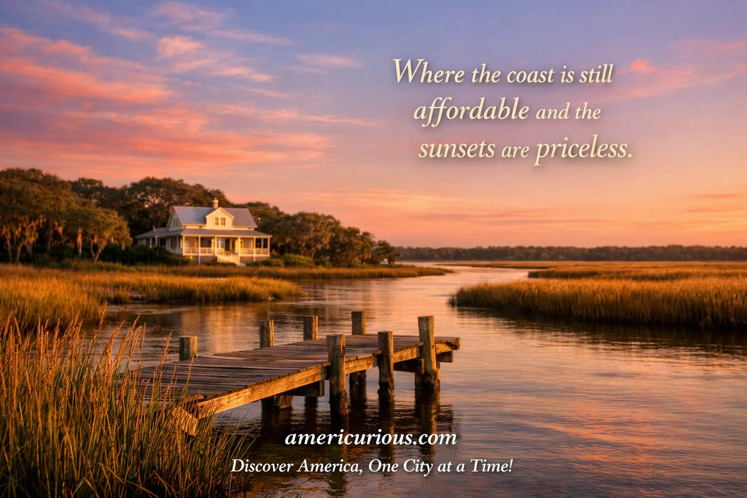 Golden hour marsh landscape in Brunswick County NC with wooden dock, tidal creeks, and coastal home among live oaks at sunset—moving to Brunswick County NC guide by americurious.com