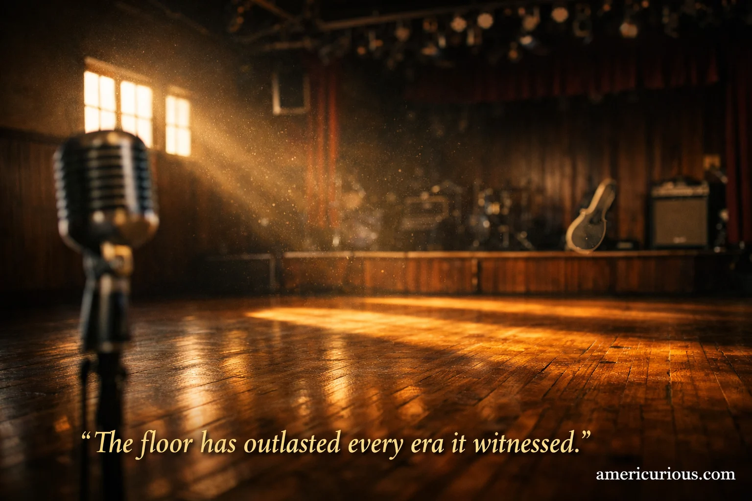 Interior of historic Cain's Ballroom in Tulsa Oklahoma, empty spring-loaded maple dance floor glowing in afternoon light, home of Western swing music and Bob Wills, americurious.com.