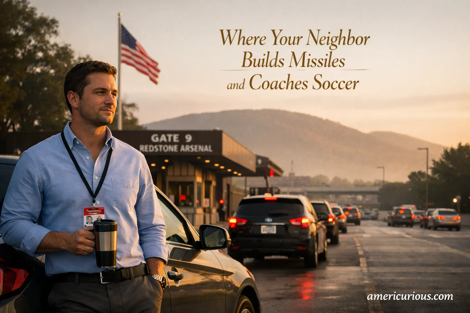 Professional engineer at Redstone Arsenal Gate 9 in Huntsville Alabama during morning commute, illustrating defense sector careers and Rocket City relocation guide from americurious.com