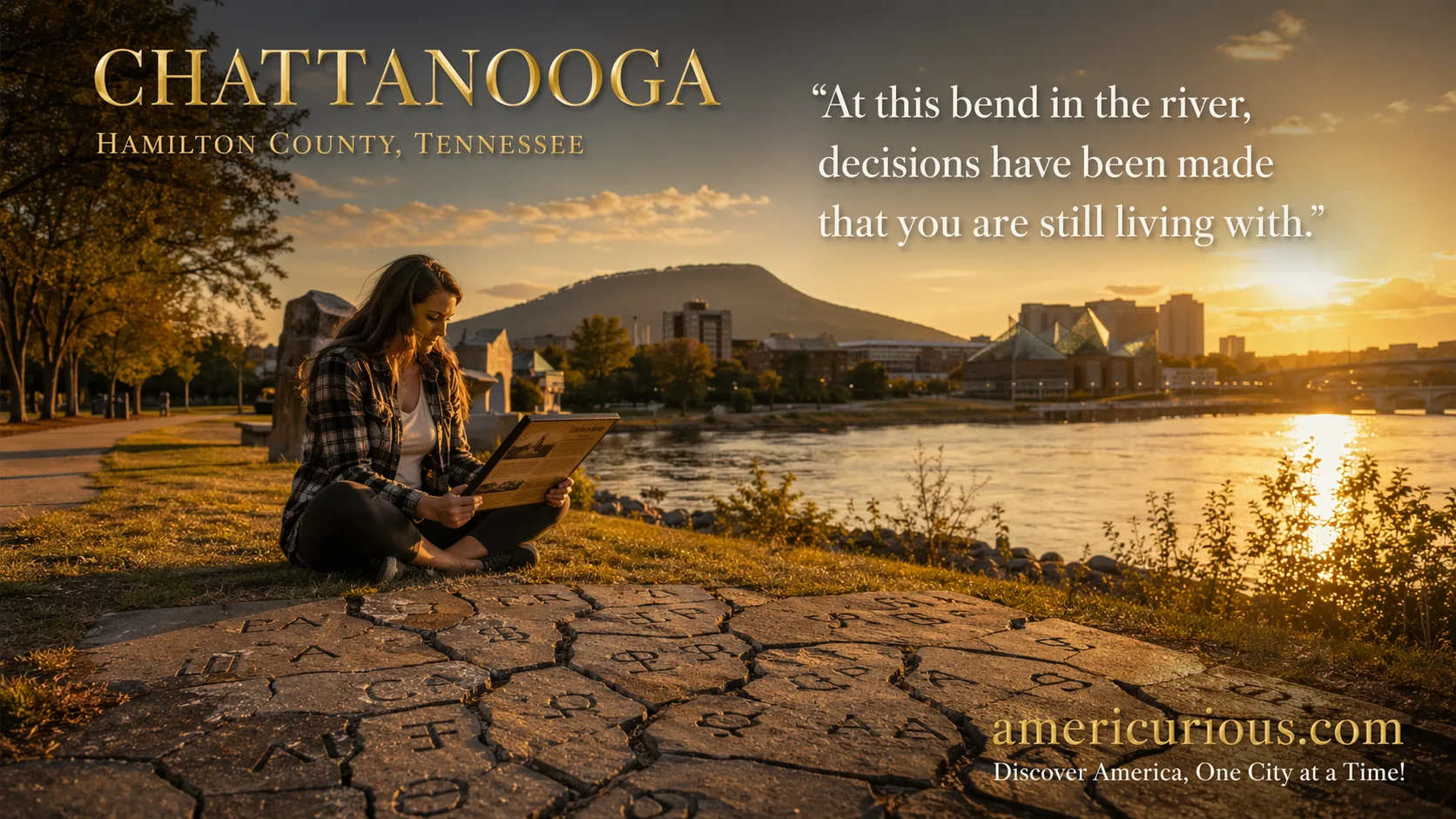 Ross's Landing Park at sunset in Chattanooga Tennessee showing Tennessee River, Cherokee Trail of Tears memorial with cracked paving stones and syllabary symbols, Lookout Mountain in background — historic site where Cherokee removal began in 1838, americurious.com