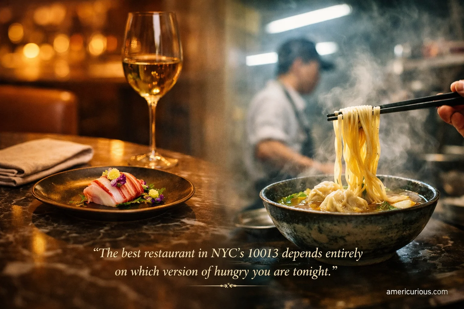 Split image comparing best restaurants in Tribeca and Chinatown NYC zip code 10013, with a Michelin-starred Korean dish on the left and a wonton noodle soup from a cash-only Cantonese spot on the right. americurious.com