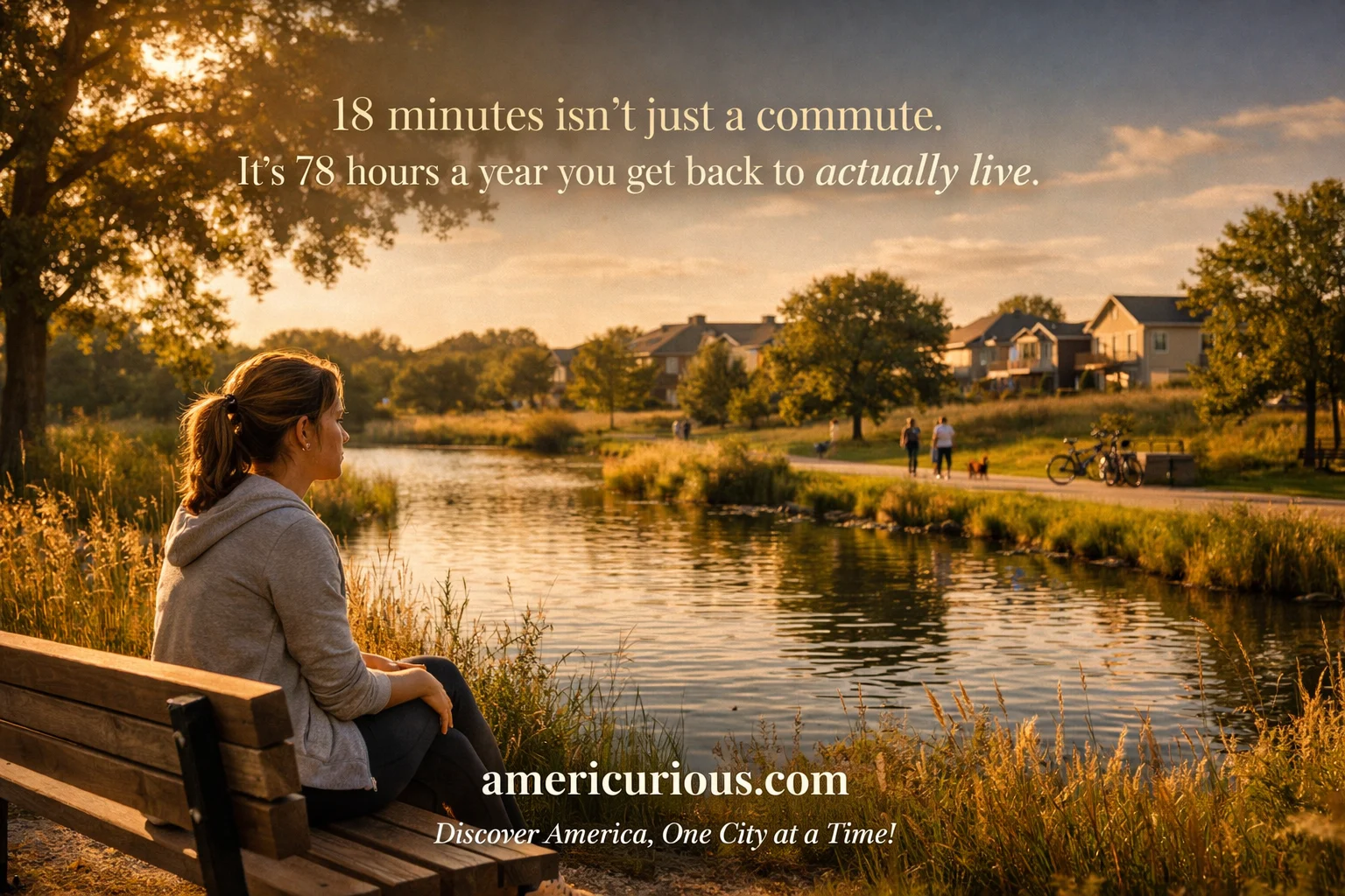 Woman enjoying peaceful moment at Overland Park KS city park during golden hour, exemplifying slow living America with 18-minute commute lifestyle - americurious.com