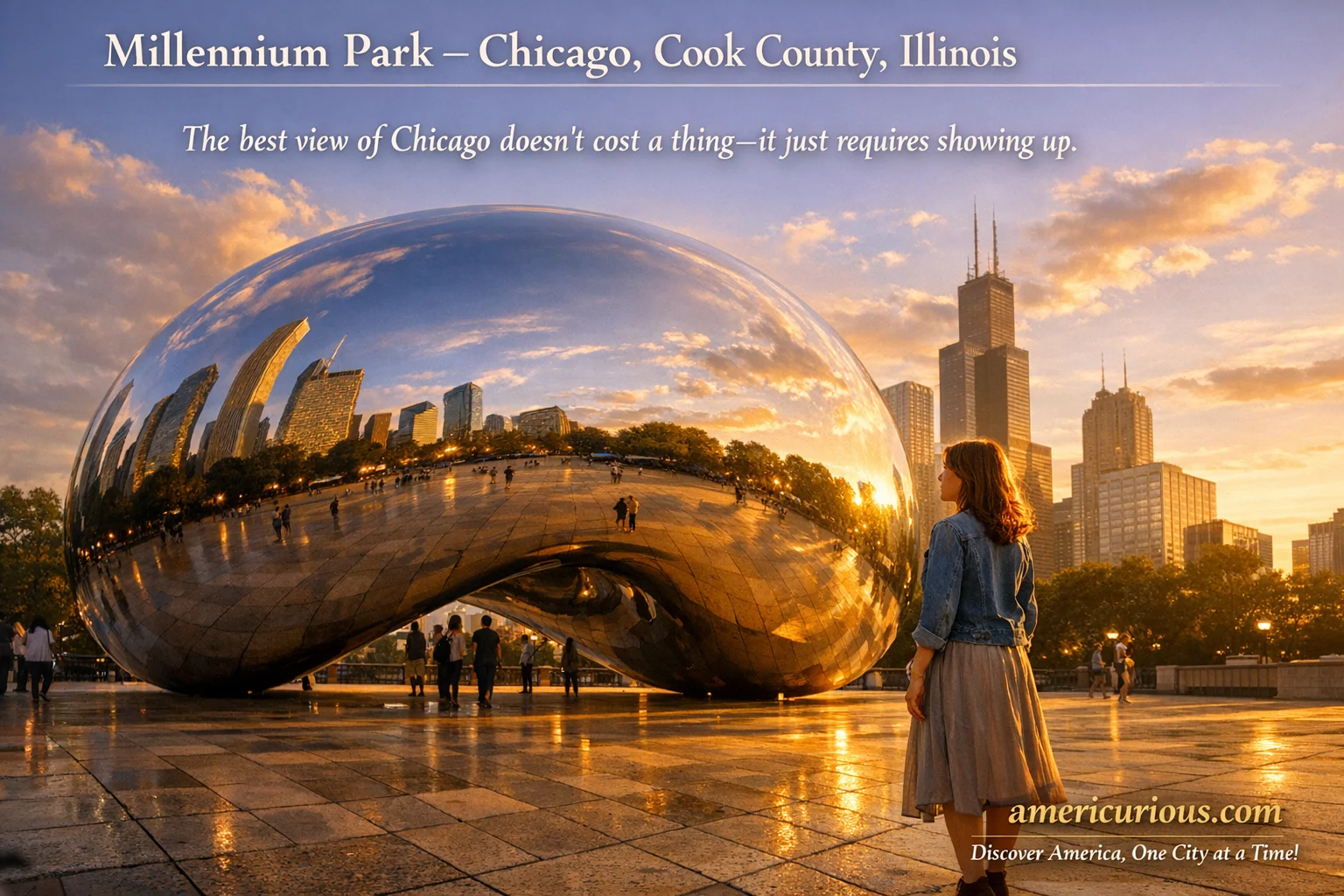 Woman exploring Cloud Gate at Millennium Park during golden hour, one of 19 free things to do in Chicago IL 2026 - americurious.com verified guide to Chicago free attractions and budget travel experiences.