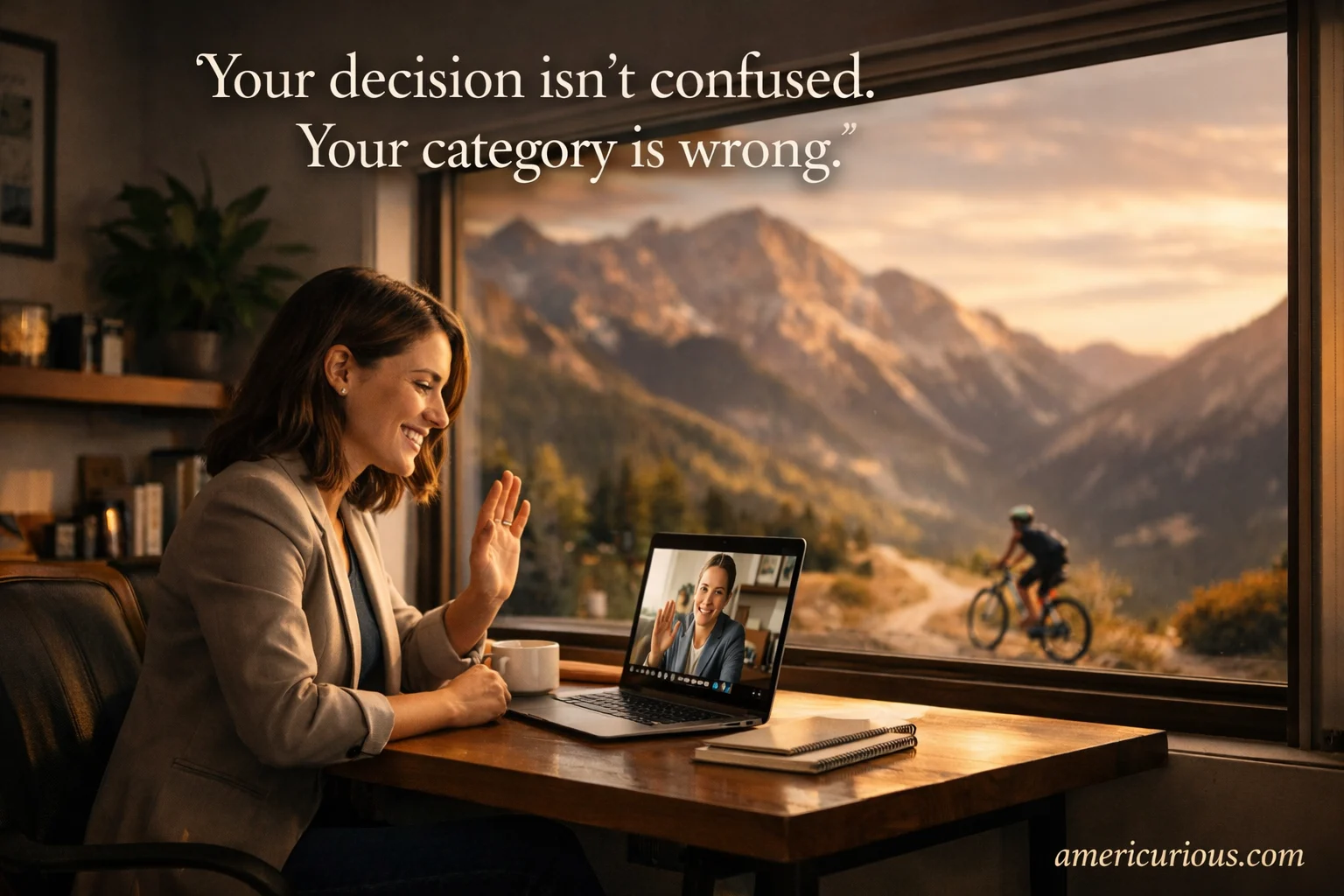 Young professional woman working remotely from modern apartment with mountain view, representing hybrid living lifestyle in small cities like Chattanooga or Asheville with nature access and fast internet for remote work