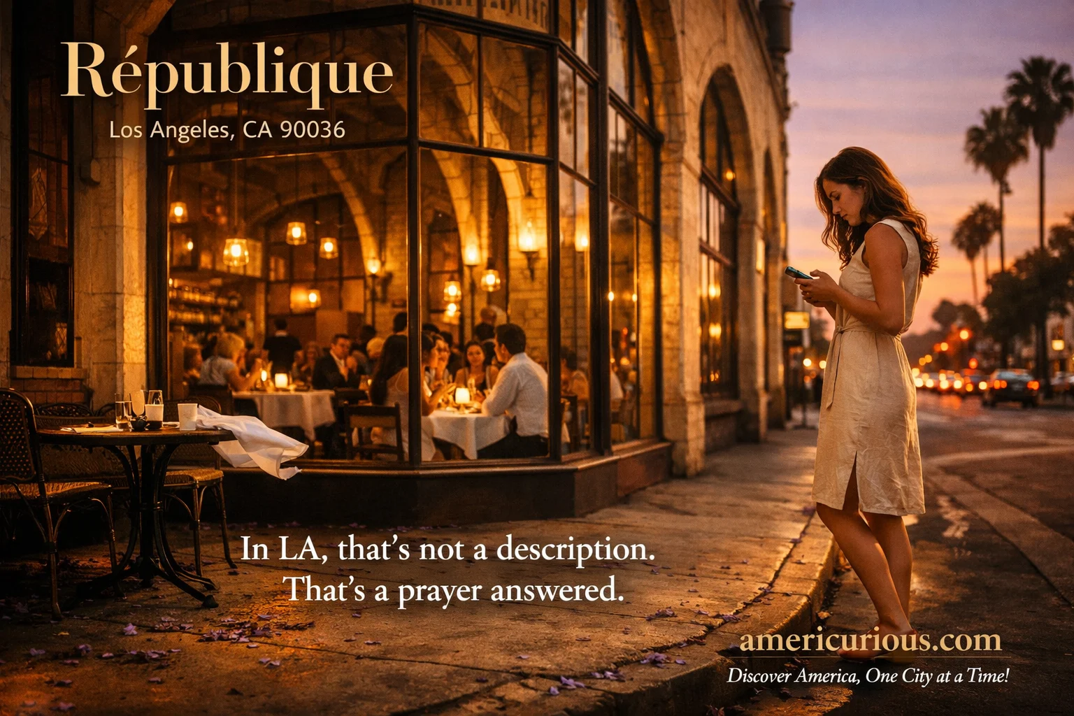 Golden hour exterior view of République restaurant in Fairfax Los Angeles showing vaulted stone arches and warm candlelit dining room through street-facing windows, a woman waiting on the sidewalk with jacaranda petals scattered below, representing the best restaurants in Fairfax Mid-City LA 90036 - americurious.com