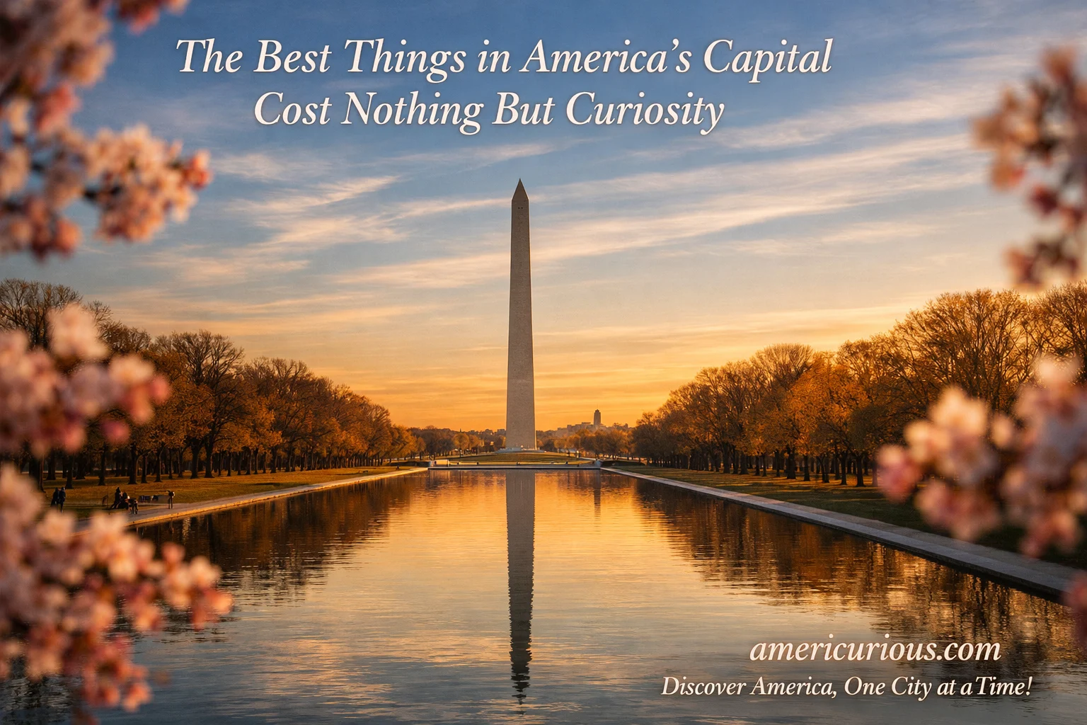 Sunrise at Lincoln Memorial Reflecting Pool with Washington Monument, showcasing free Washington DC attractions and Smithsonian museums - americurious.com 2026 travel guide