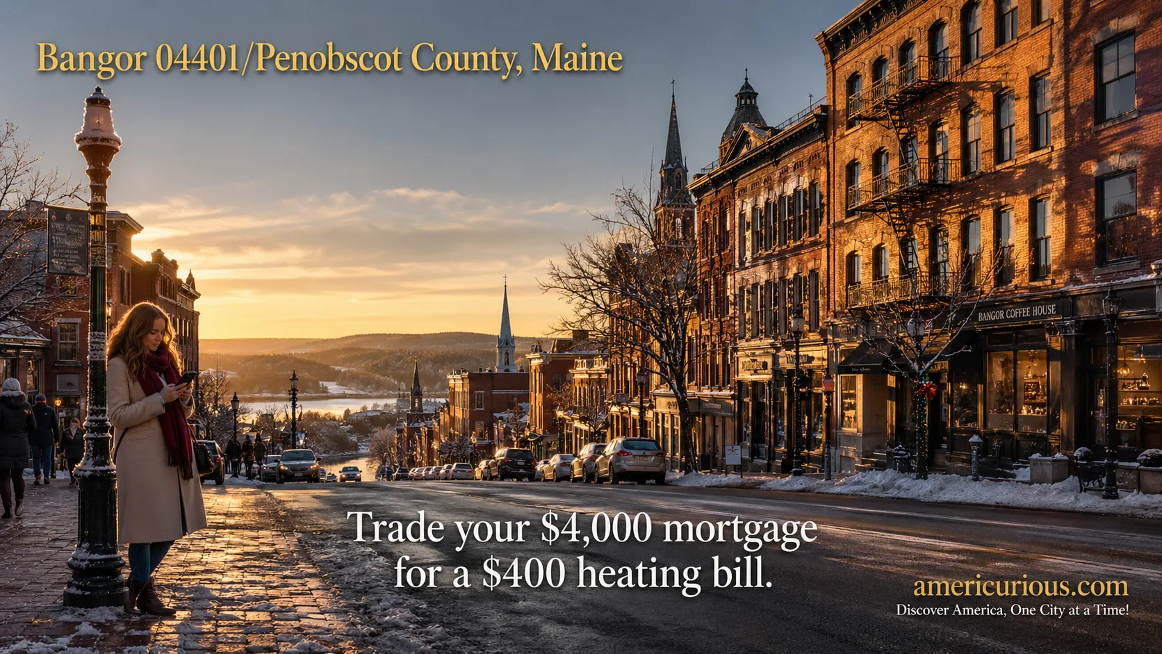 Golden hour winter street scene in downtown Bangor Maine showing historic brick buildings and snow-covered sidewalks during cost of living relocation research, featuring Bangor real estate affordability and Maine housing market 2026 - americurious.com