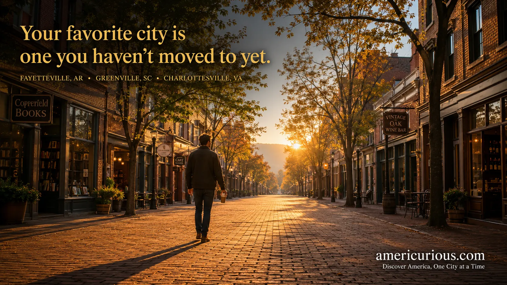 A lone pedestrian walks a golden-hour brick pedestrian mall lined with independent storefronts and autumn-lit trees, illustrating the walkable small-city life explored in americurious.com's 2026 ranking of America's most livable small cities.
