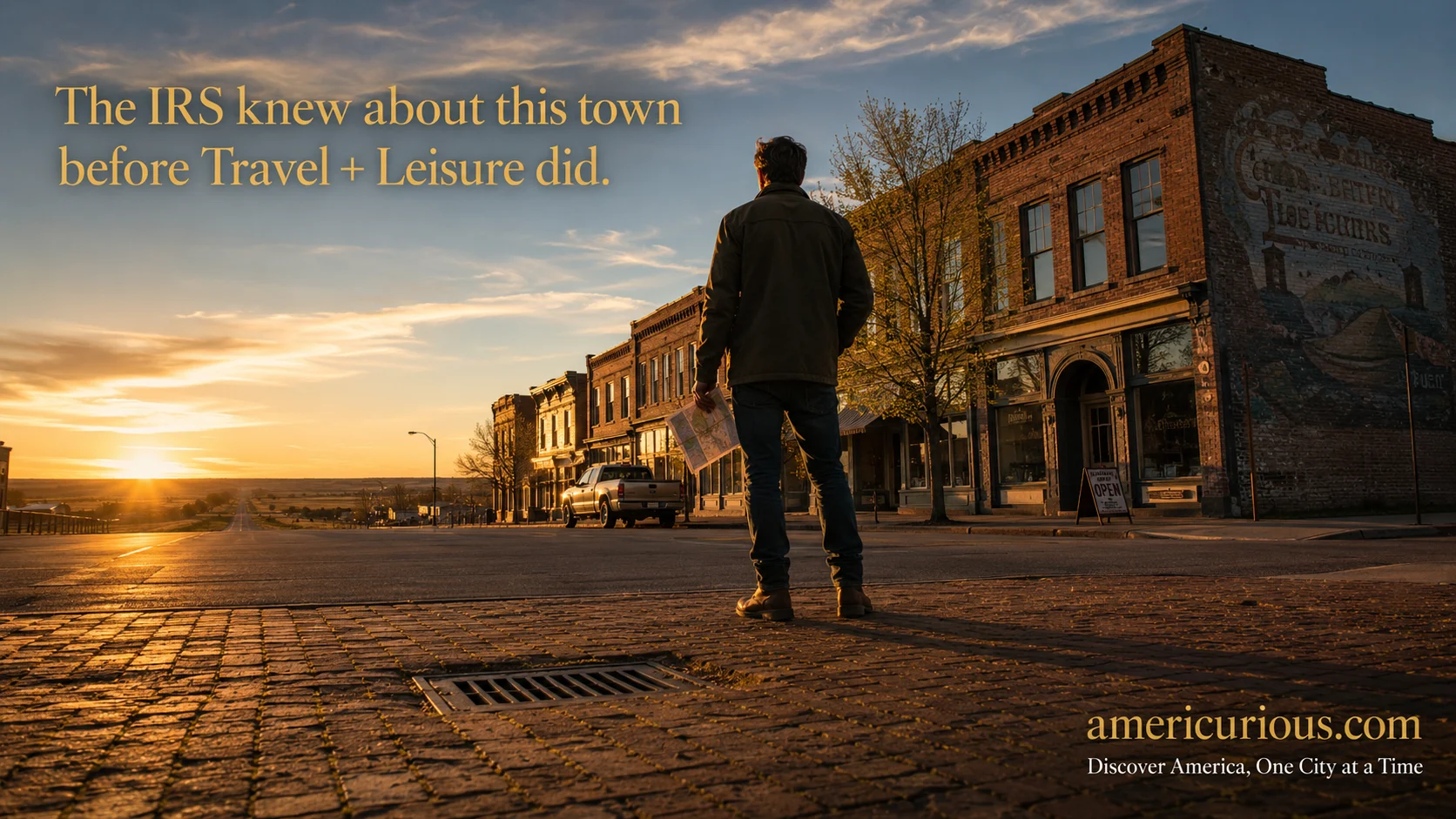 A lone traveler stands on an empty brick main street of a small undiscovered American town at golden hour, facing intact 1920s storefronts — illustrating AmeriCurious.com's guide to finding hidden gem destinations in the USA before they become famous.