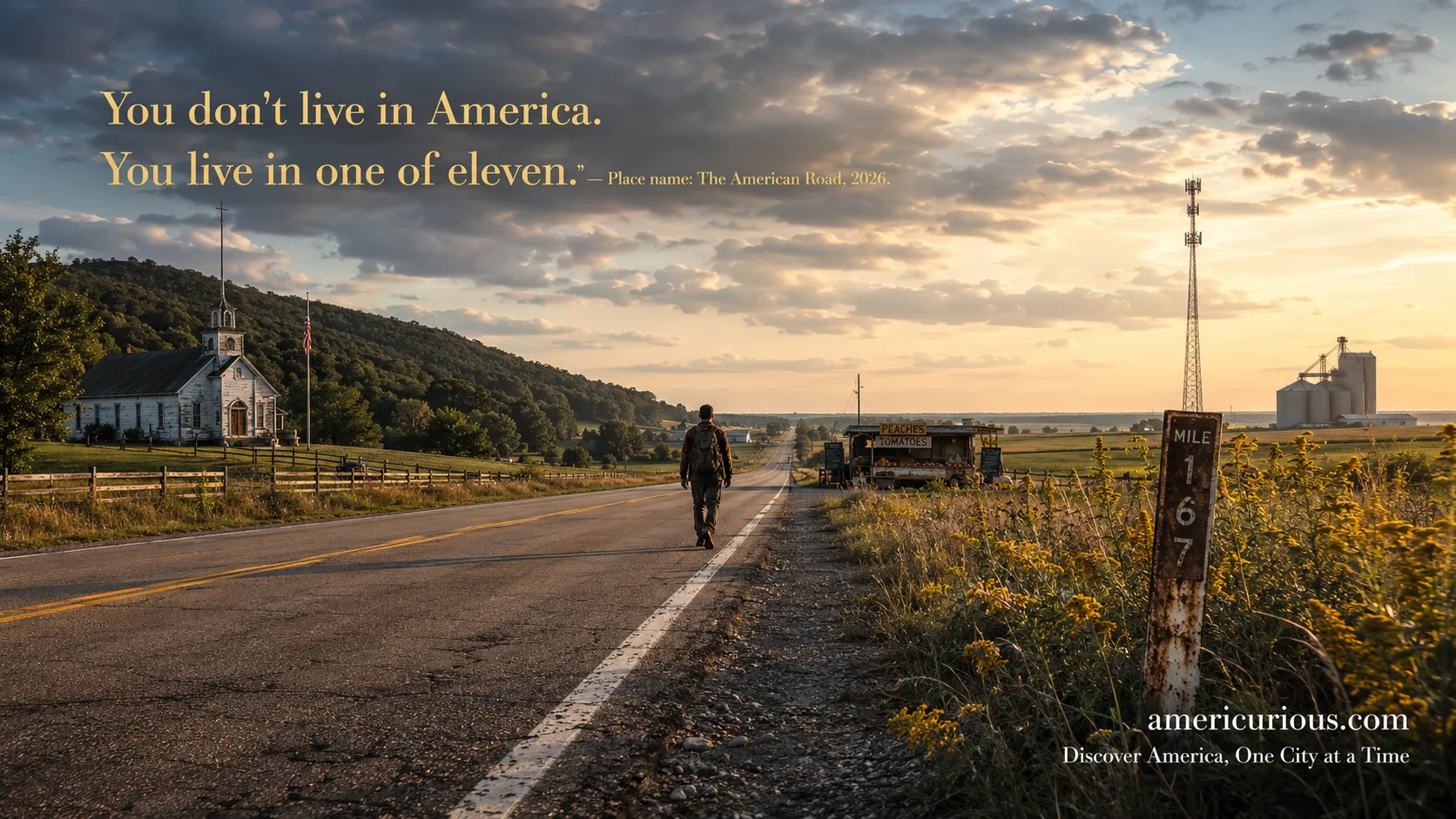 A lone traveler walks a two-lane American highway through shifting regional landscapes — Appalachian ridgeline to Midlands farmland — at golden hour, illustrating America's 11 regional cultures guide on americurious.com