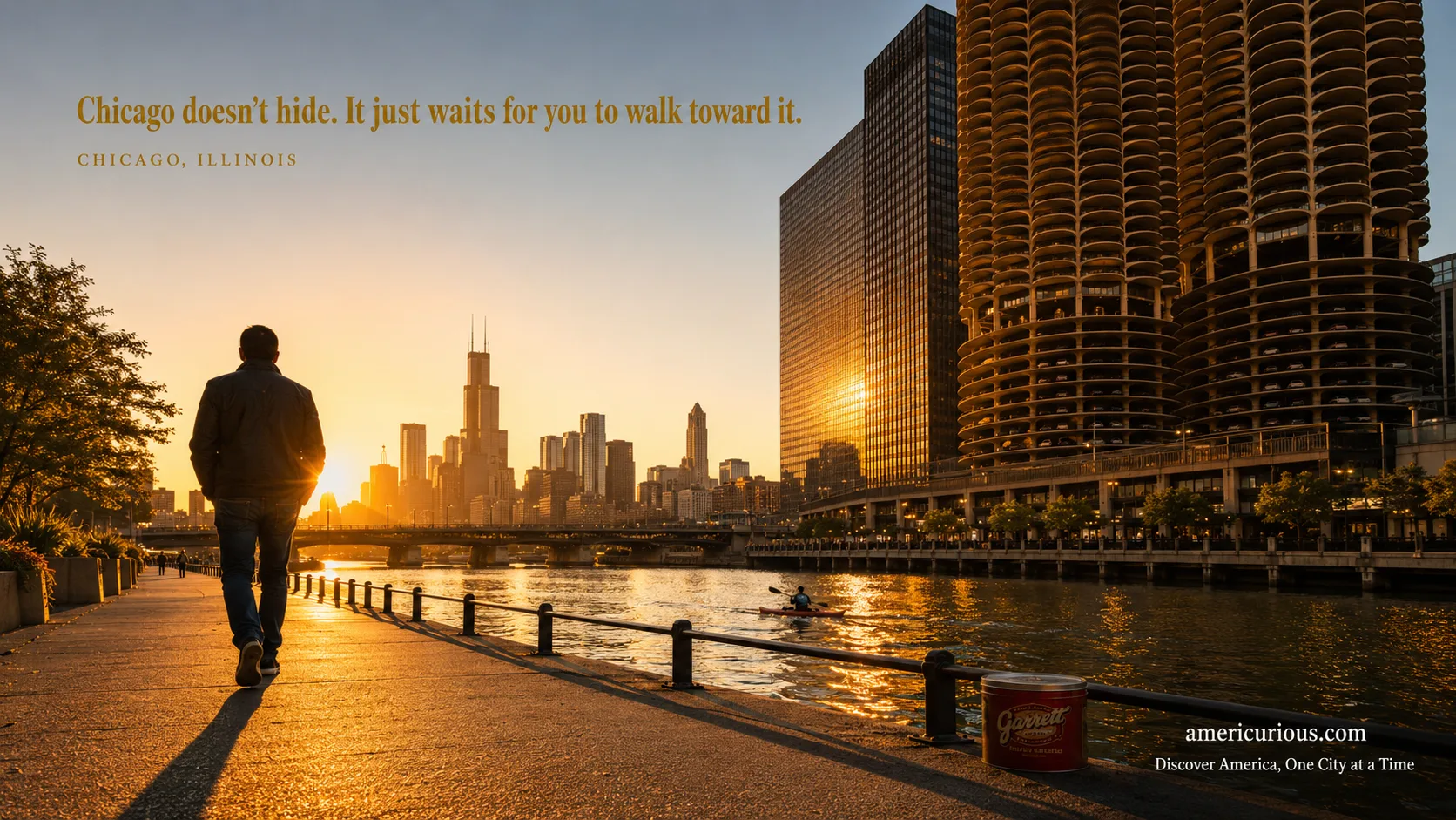 A lone walker on the Chicago Riverwalk at golden hour, heading toward the silhouetted Chicago skyline with the amber-reflected Chicago River alongside — americurious.com Chicago walking route guide.