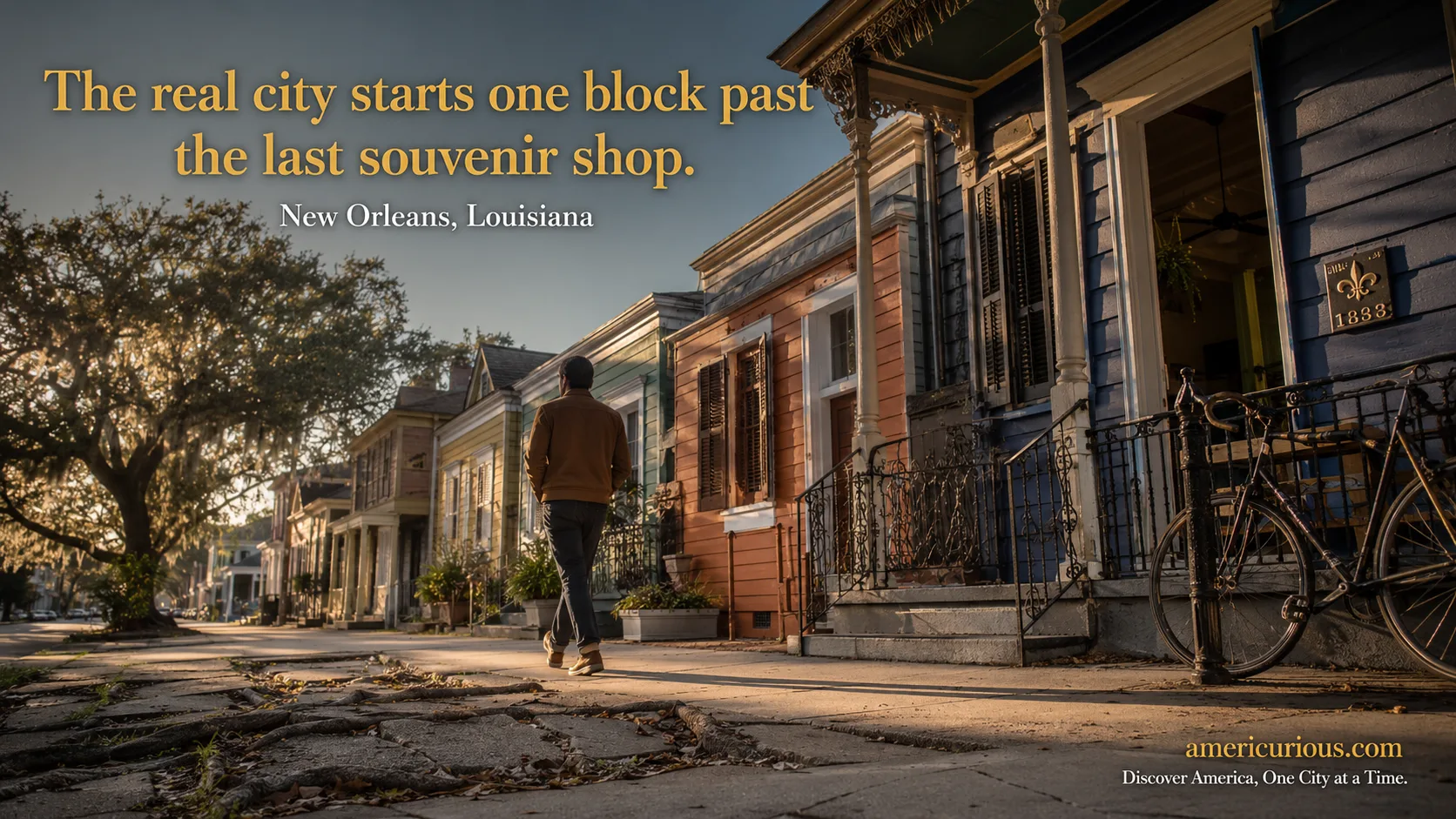 A solo walker strolling along a sun-drenched Royal Street sidewalk in New Orleans' Faubourg Marigny neighborhood, passing colorful historic shotgun houses at golden hour — New Orleans walking guide via americurious.com