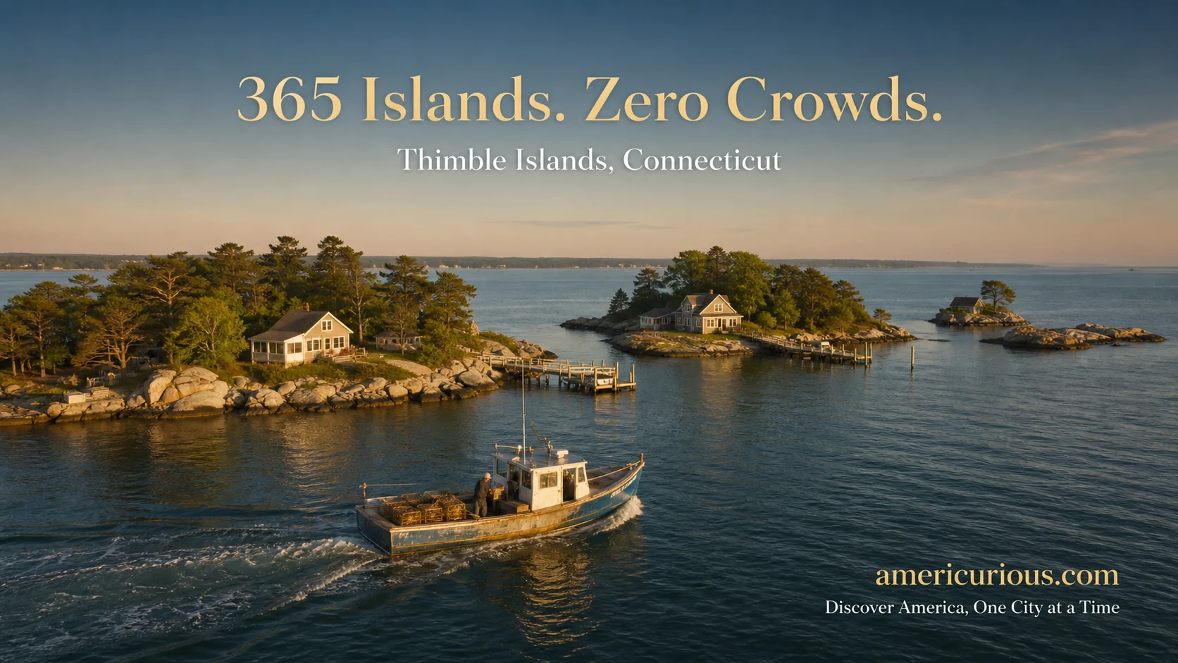Aerial drone view of Thimble Islands Connecticut showing granite islands with lobster boat navigating Long Island Sound, golden hour coastal travel photography - americurious.com
