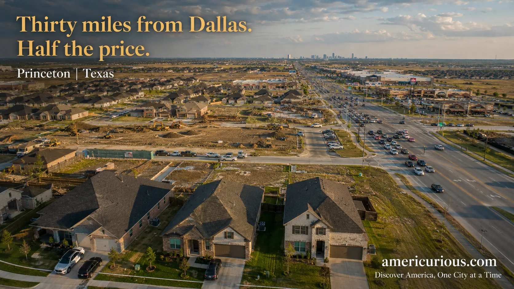 Aerial view of expanding Princeton Texas suburb with new master-planned neighborhoods under construction, traffic on Highway 380, and single-family homes in Collin County at sunset — americurious.com