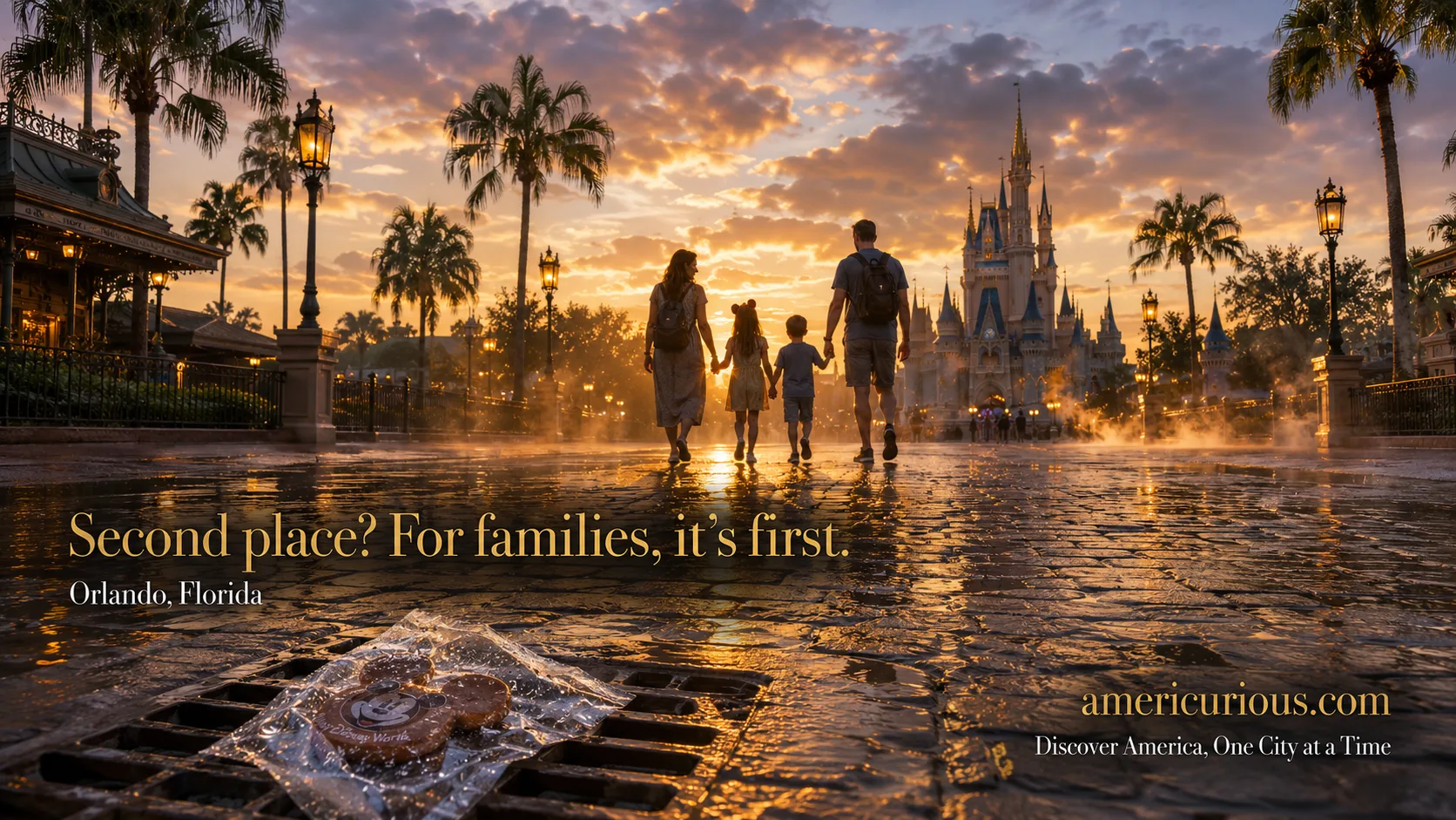 Family walking at golden hour on wet palm-lined path toward Cinderella Castle in Orlando after summer thunderstorm, illustrating Orlando as top family summer travel destination 2026 | americurious.com