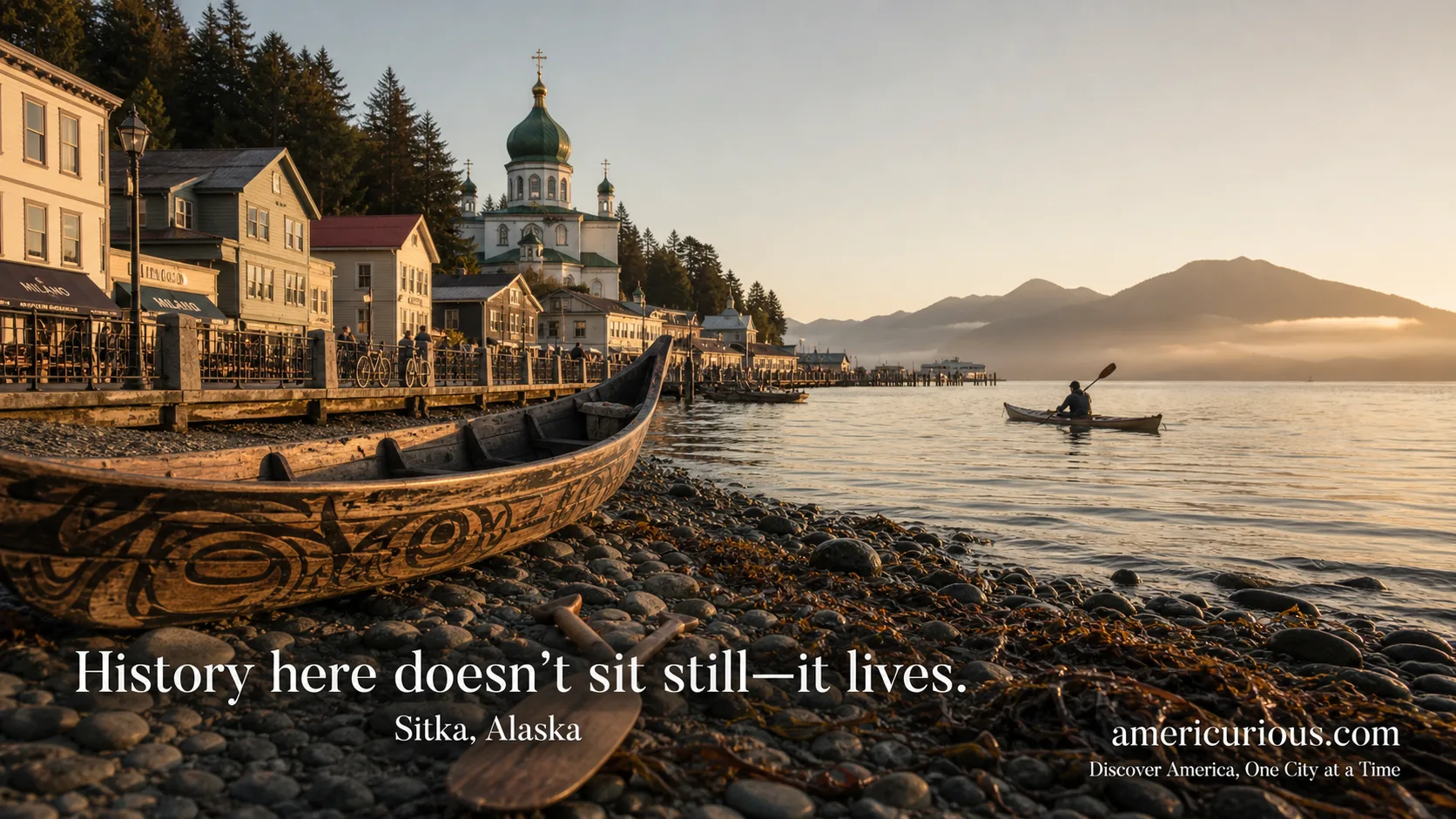 Golden hour view of Sitka, Alaska waterfront featuring St. Michael's Russian Orthodox Cathedral dome, Tlingit canoe details, and Tongass forest backdrop at sunset — a cultural heritage travel scene from americurious.com highlighting Sitka Alaska, Tlingit heritage, and Russian colonial history.