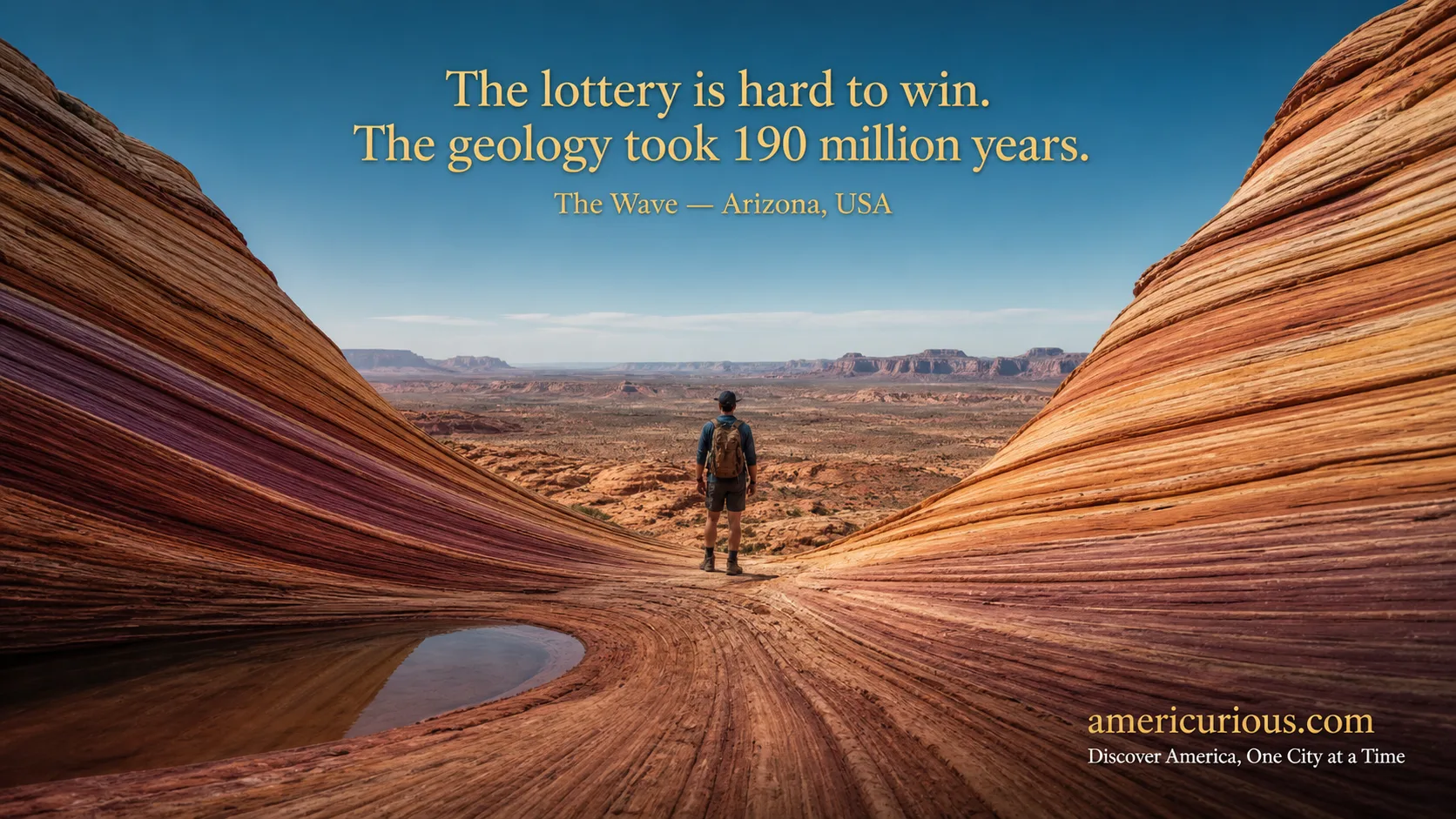 Cinematic aerial view of The Wave sandstone formation in Coyote Buttes North, Arizona — a lone hiker inside swirling rust and orange Jurassic sandstone troughs, via americurious.com's Wave permit hiking guide.