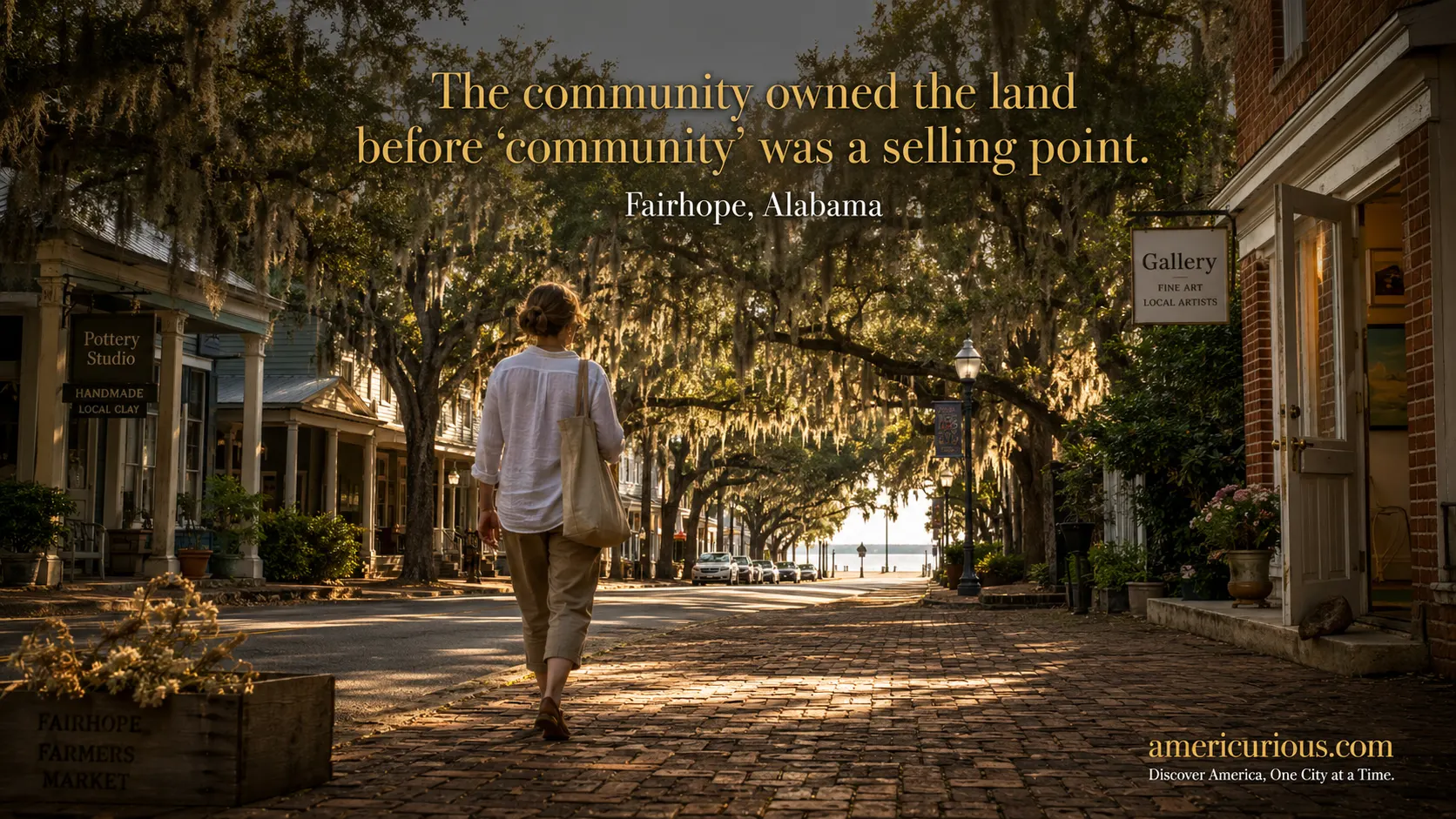 A golden-hour photograph of a moss-draped live oak avenue in historic downtown Fairhope, Alabama, with a solitary figure walking toward a distant glimpse of Mobile Bay — illustrating intentional living in Fairhope Alabama — via americurious.com