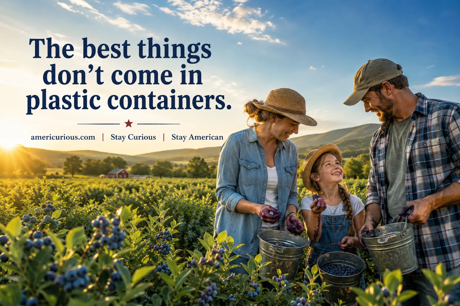 A family picking blueberries at a u-pick farm on a summer morning, buckets in hand, surrounded by lush berry rows stretching to the horizon.