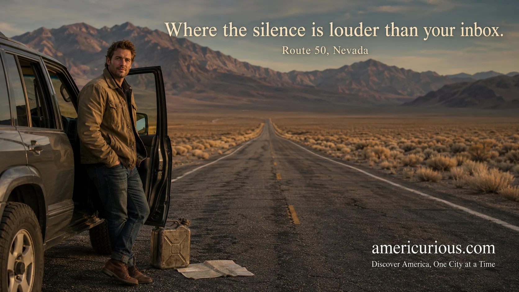 A traveler facing the camera beside an open car door on the loneliest roads in America, Nevada's Route 50, surrounded by vast, empty scenic byways USA landscapes. Featuring americurious.com.