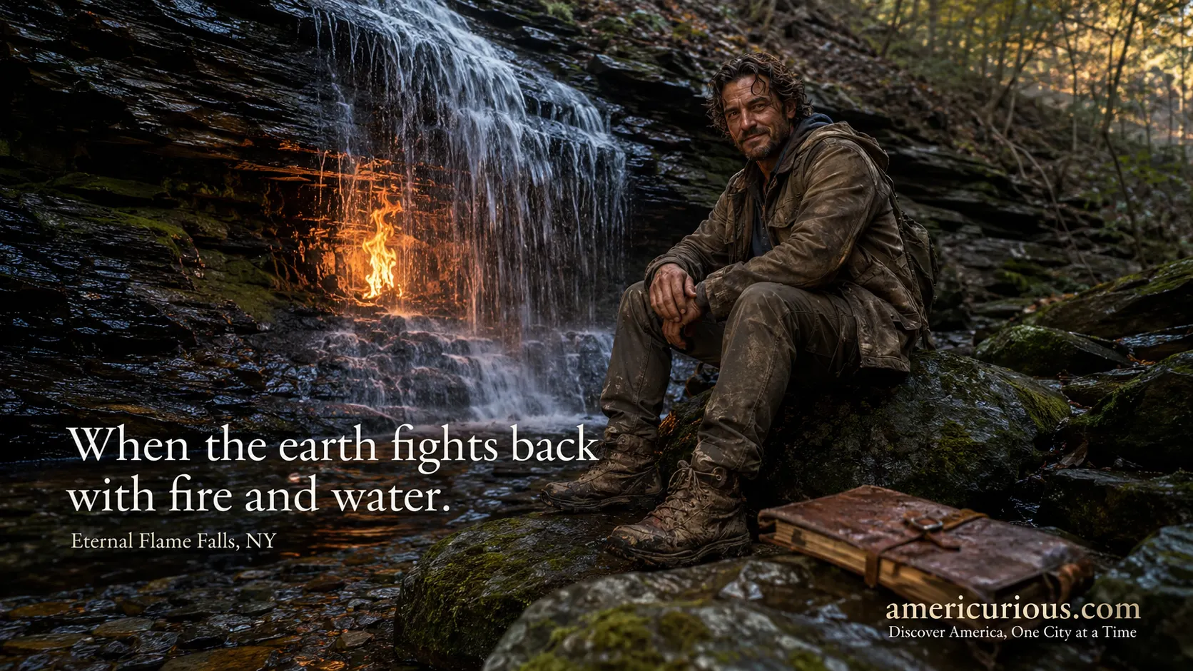 A traveler marvels at the fiery Eternal Flame Falls, one of the mysterious places in America, showcasing hidden natural phenomena. Explore more at americurious.com.