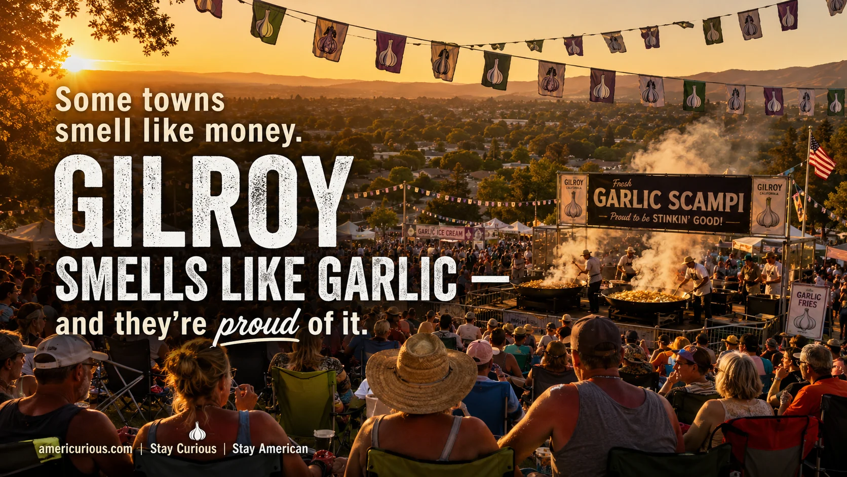 Golden-hour shot over Christmas Hill Park, smoke curling off open-pit garlic scampi grills, strings of festival bunting against a hazy California-summer sky, a sea of folding chairs and sunburned shoulders in the foreground.