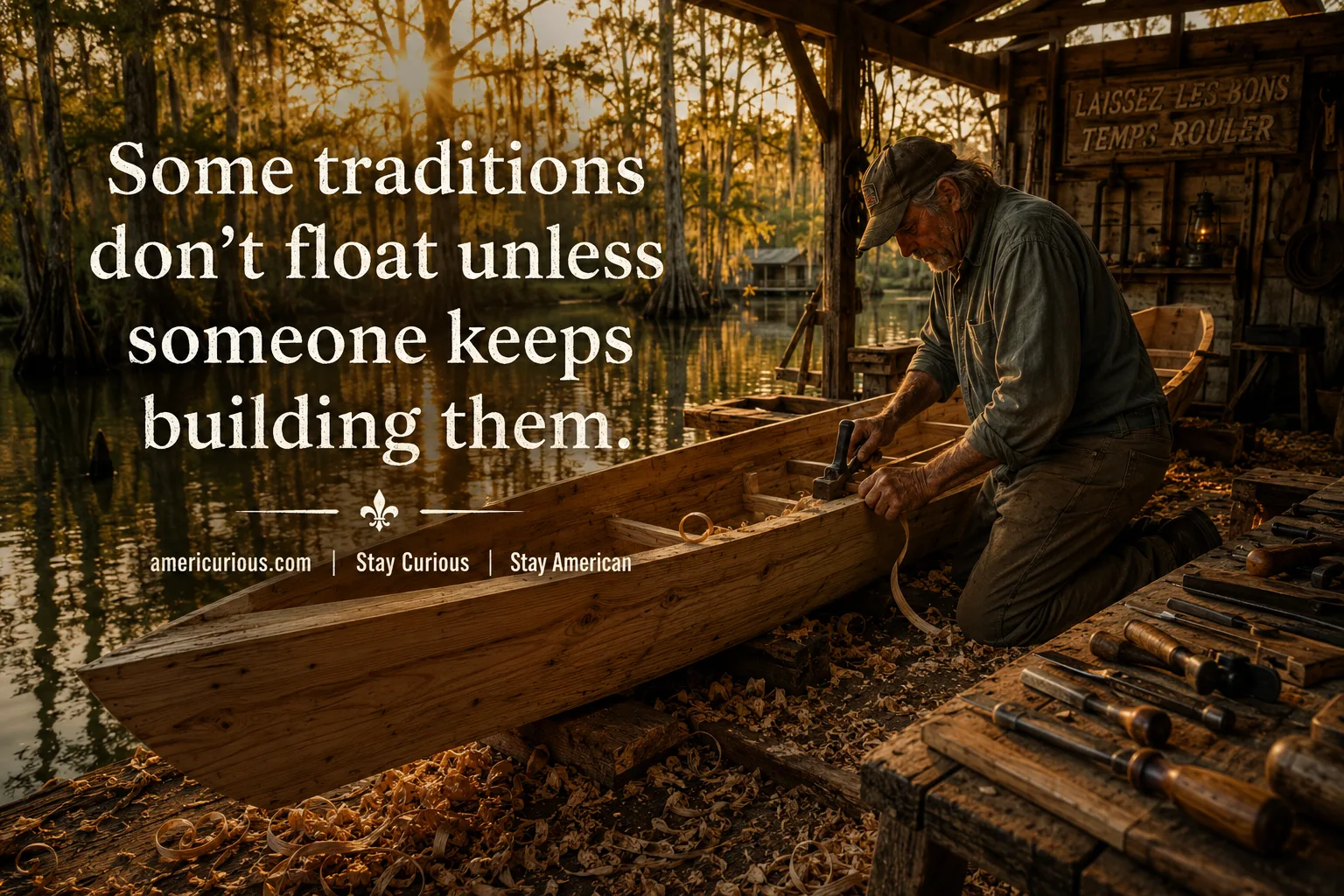 Cajun craftsman building a traditional cypress pirogue boat beside a Louisiana bayou at sunset