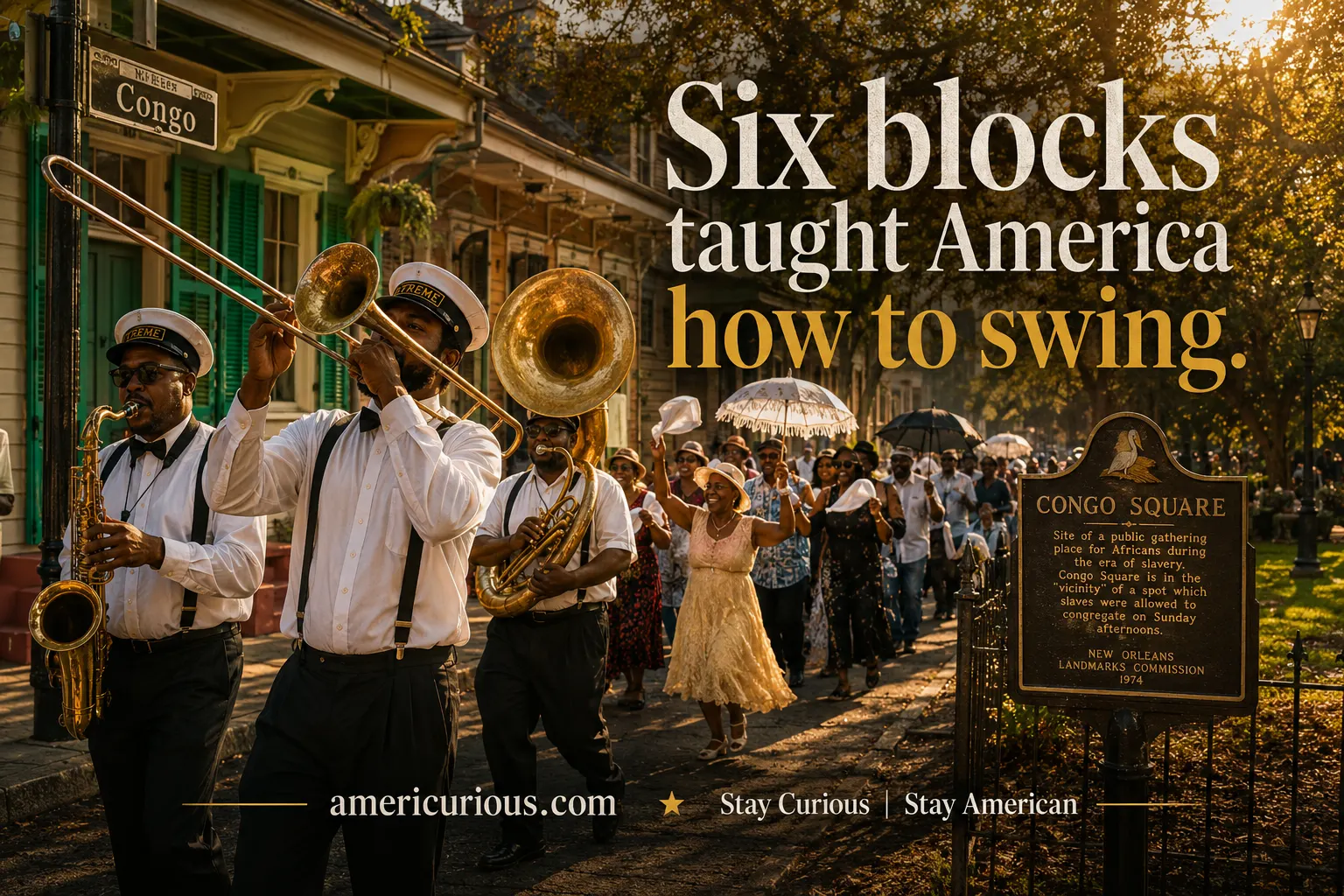 Golden late-afternoon light over Congo Square in Louis Armstrong Park, Treme, New Orleans