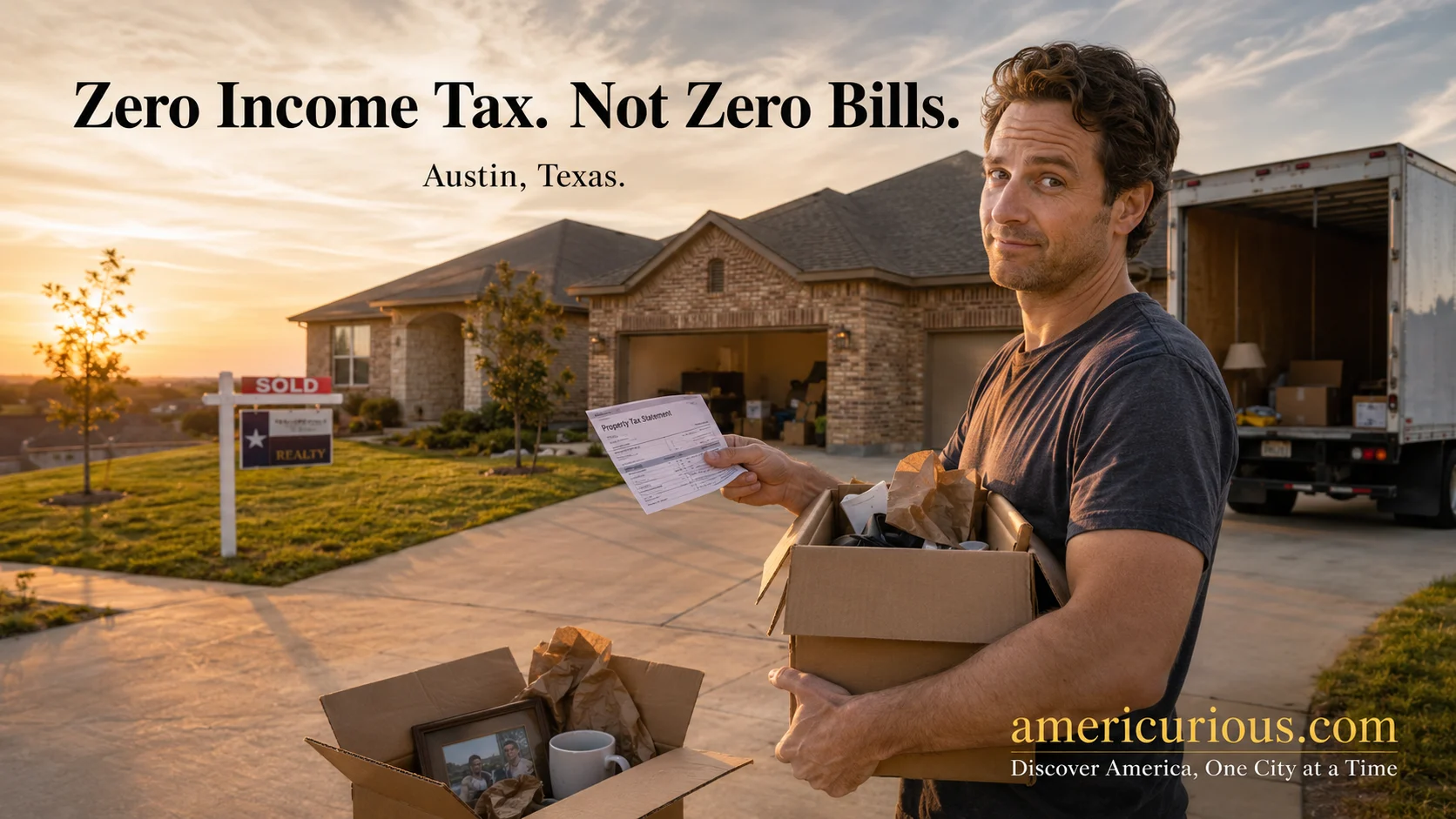 Homeowner reviewing Texas property tax bill at golden hour, illustrating the real cost of no state income tax states 2026 — americurious.com