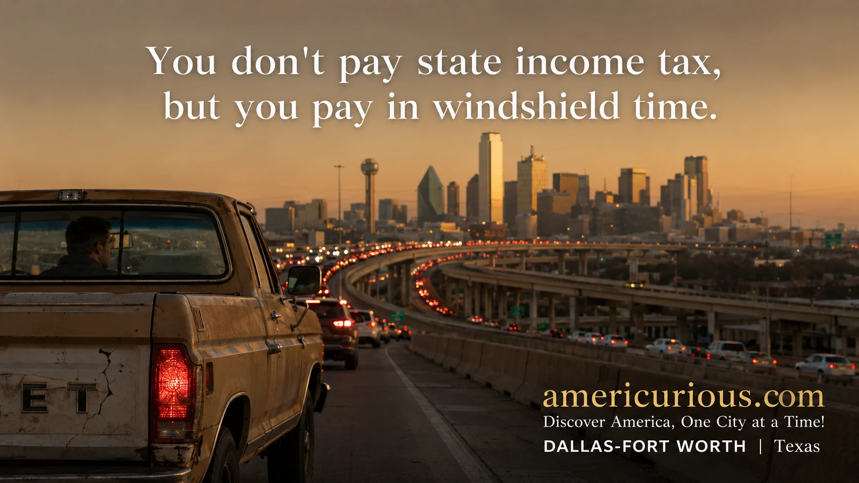 A line of brake lights sits in heavy traffic on the Mixmaster highway interchange with the Dallas skyline in the distance in Dallas-Fort Worth, Texas, from americurious.com, Discover America, One City at a Time!