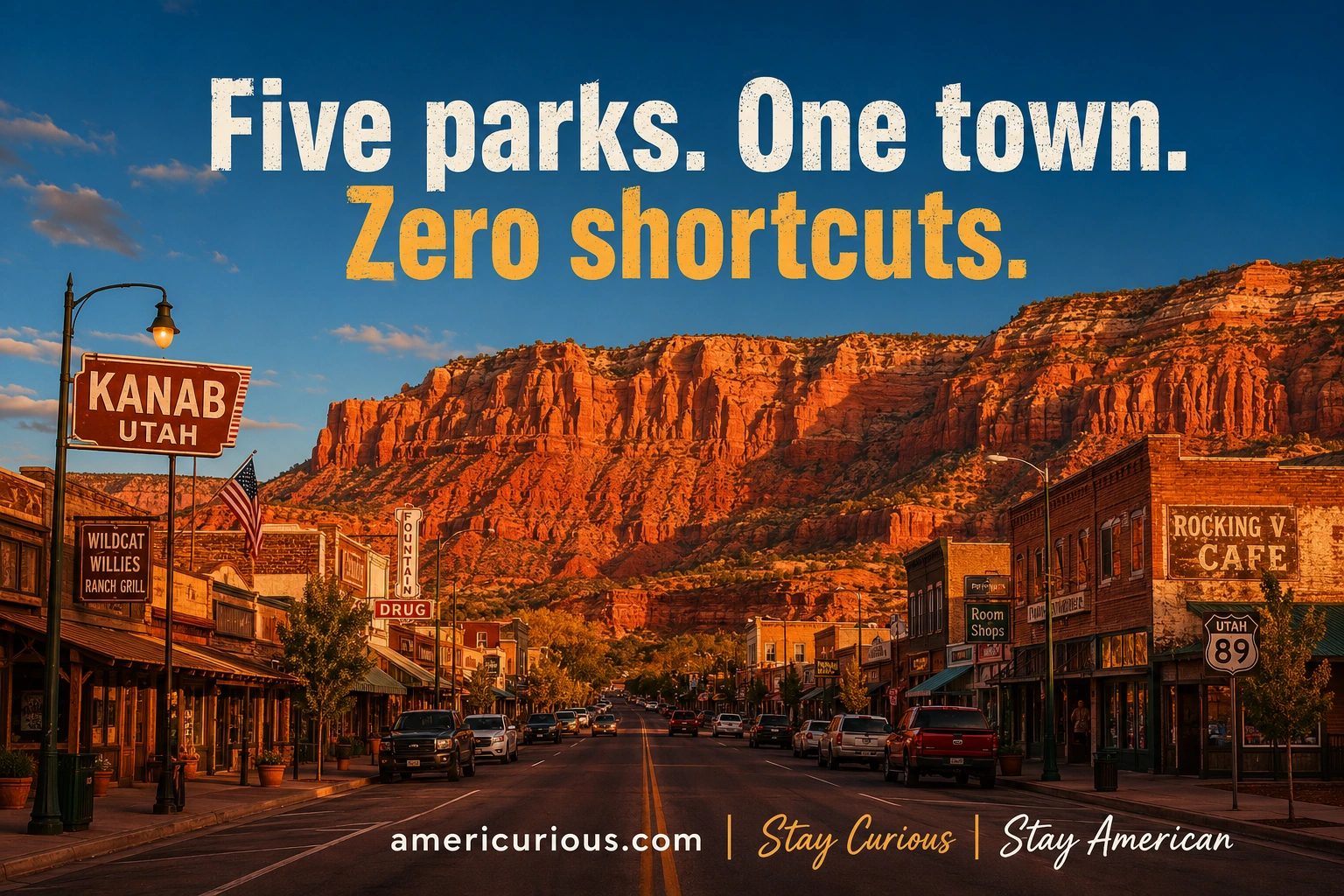 Wide-angle shot of Kanab, Utah at golden hour