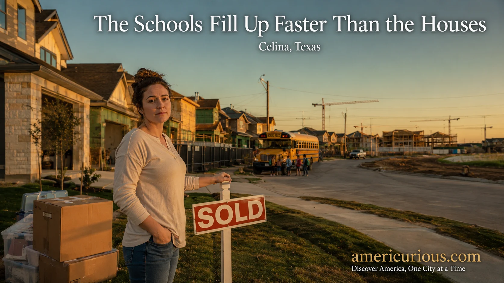 Woman at sold sign in new Celina Texas subdivision, illustrating suburban infrastructure deficit and school overcrowding — americurious.com