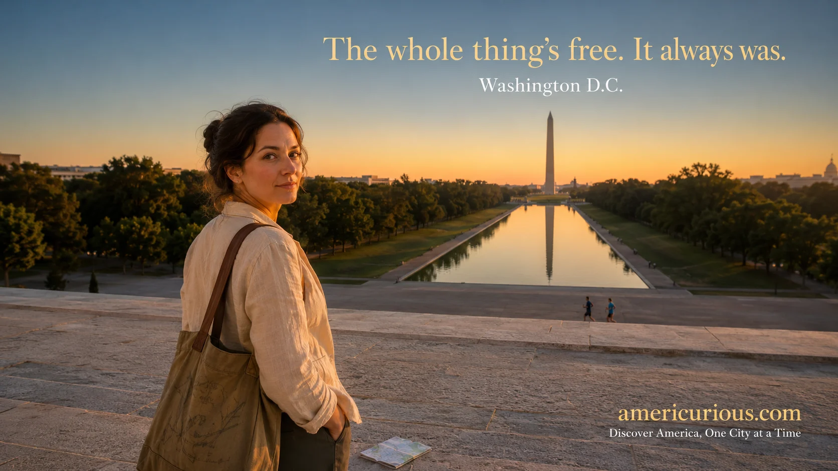 Woman pausing on the Lincoln Memorial steps at sunrise with the Reflecting Pool and Washington Monument glowing in early morning light — free Washington DC travel guide 2026 at americurious.com